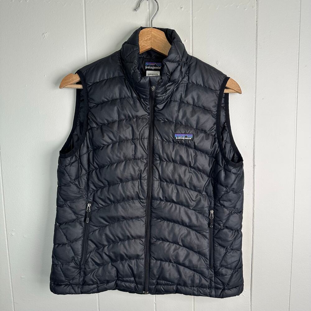 Patagonia Down Sweater Vest Womens M Black Packable Puffer Full Zip Outdoor Flaw